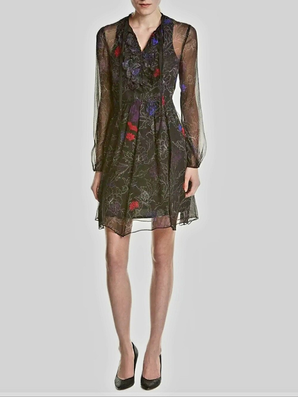 Elie Tahari Desi Black Floral Silk Chiffon Tie-Neck Dress